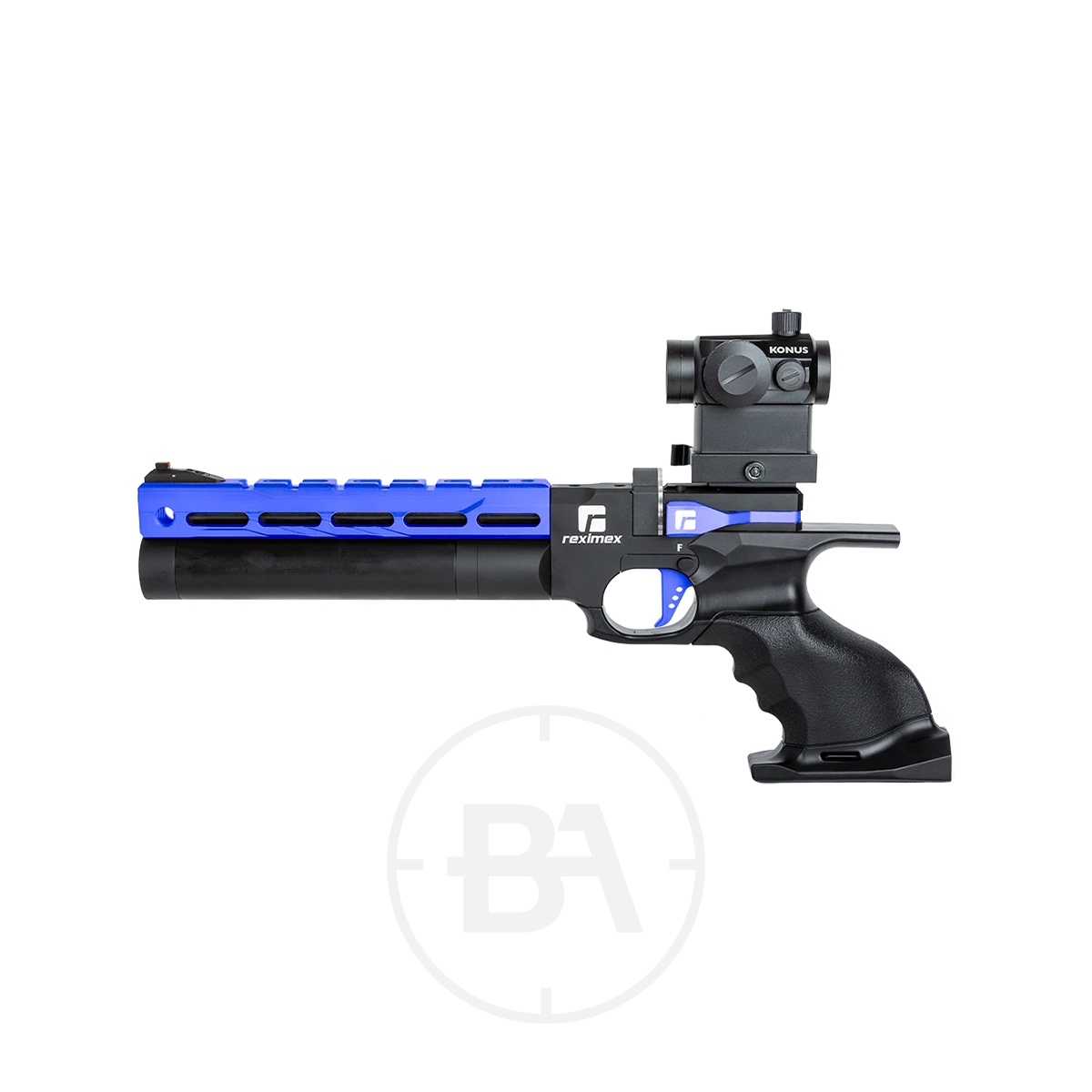 Reximex Mito Race Regulated PCP Pistol 9 A black and blue Reximex Mito Race regulated PCP pistol with an ergonomic grip and mounted sight, displayed on a white background.