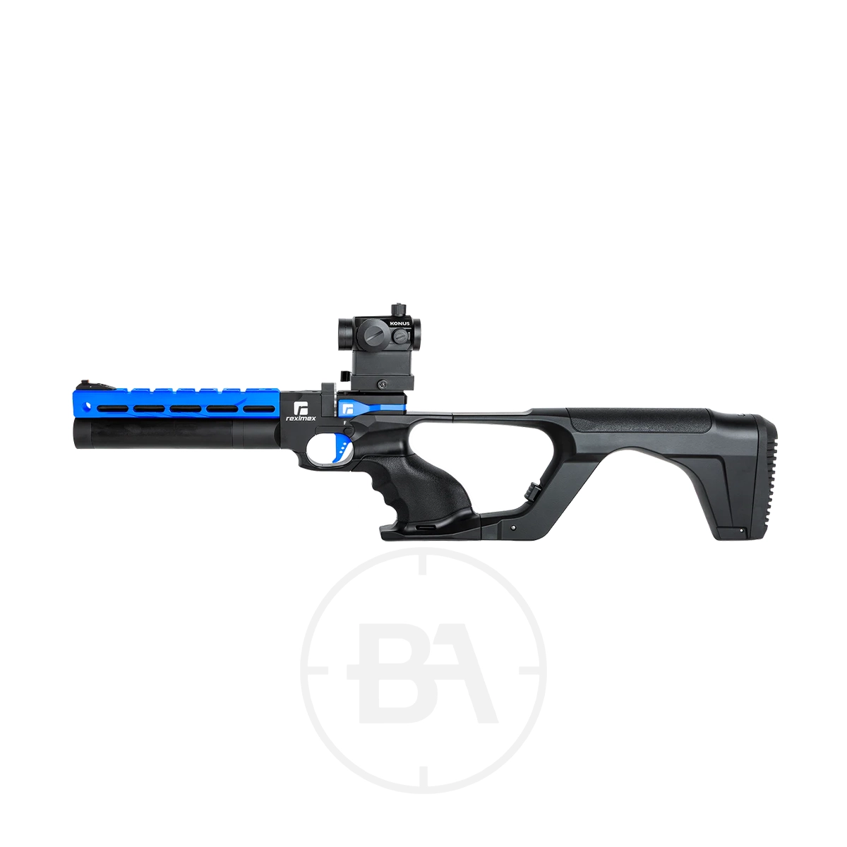 Reximex Mito Race Regulated PCP Pistol 10 The Reximex Mito is a black and blue regulated air pistol with a sight attached, featuring an ergonomic grip and a modern, tactical design, displayed on a white background.