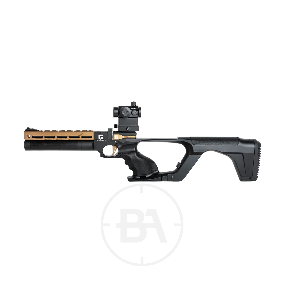 Reximex Mito Race Regulated PCP Pistol 12 A black and bronze Reximex Mito PCP Pistol with a tactical stock, pistol grip, and mounted red dot sight, displayed on a white background with a faint circular BA logo underneath.