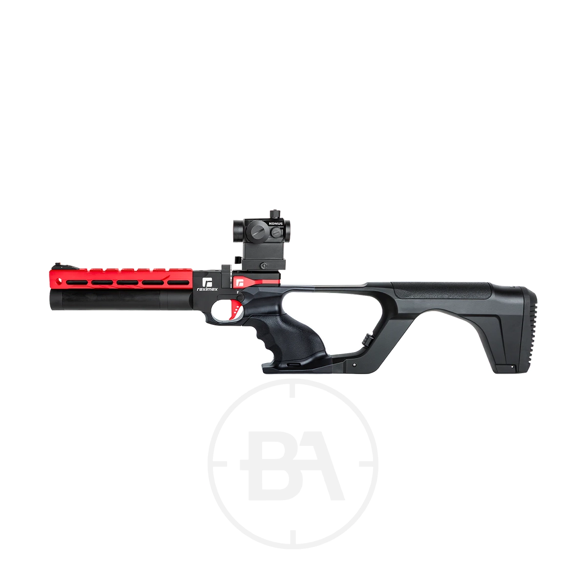 Reximex Mito Race Regulated PCP Pistol 8 A modern, black and red Reximex Mito PCP Pistol with a tactical design, featuring a scope on top, contoured grip, and shoulder stock. The image has a white background with a faint circular watermark.