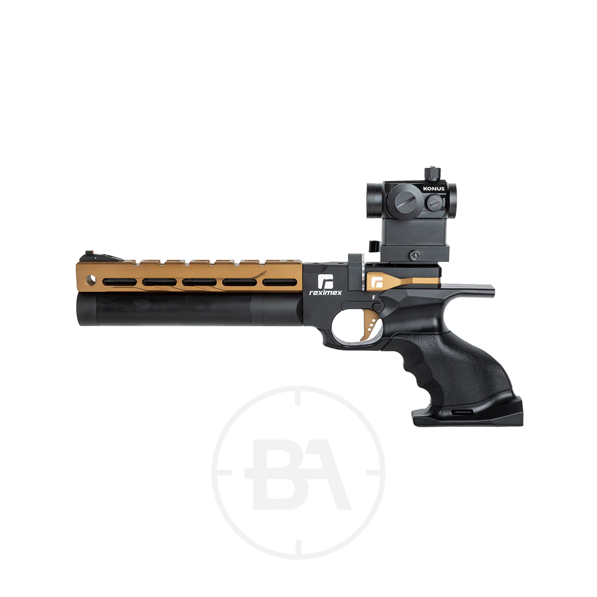 Reximex Mito Race Regulated PCP Pistol 11 A Reximex Mito regulated PCP pistol with a black ergonomic grip, a tan and black barrel, and a mounted sight on top is displayed on a white background.