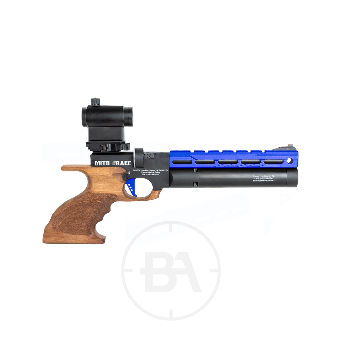 Reximex Mito Race Regulated PCP Pistol 5 A regulated PCP pistol, the Reximex Mito Race features a wooden ergonomic grip, a blue metallic barrel shroud, and a mounted optical sight, all displayed on a white background.