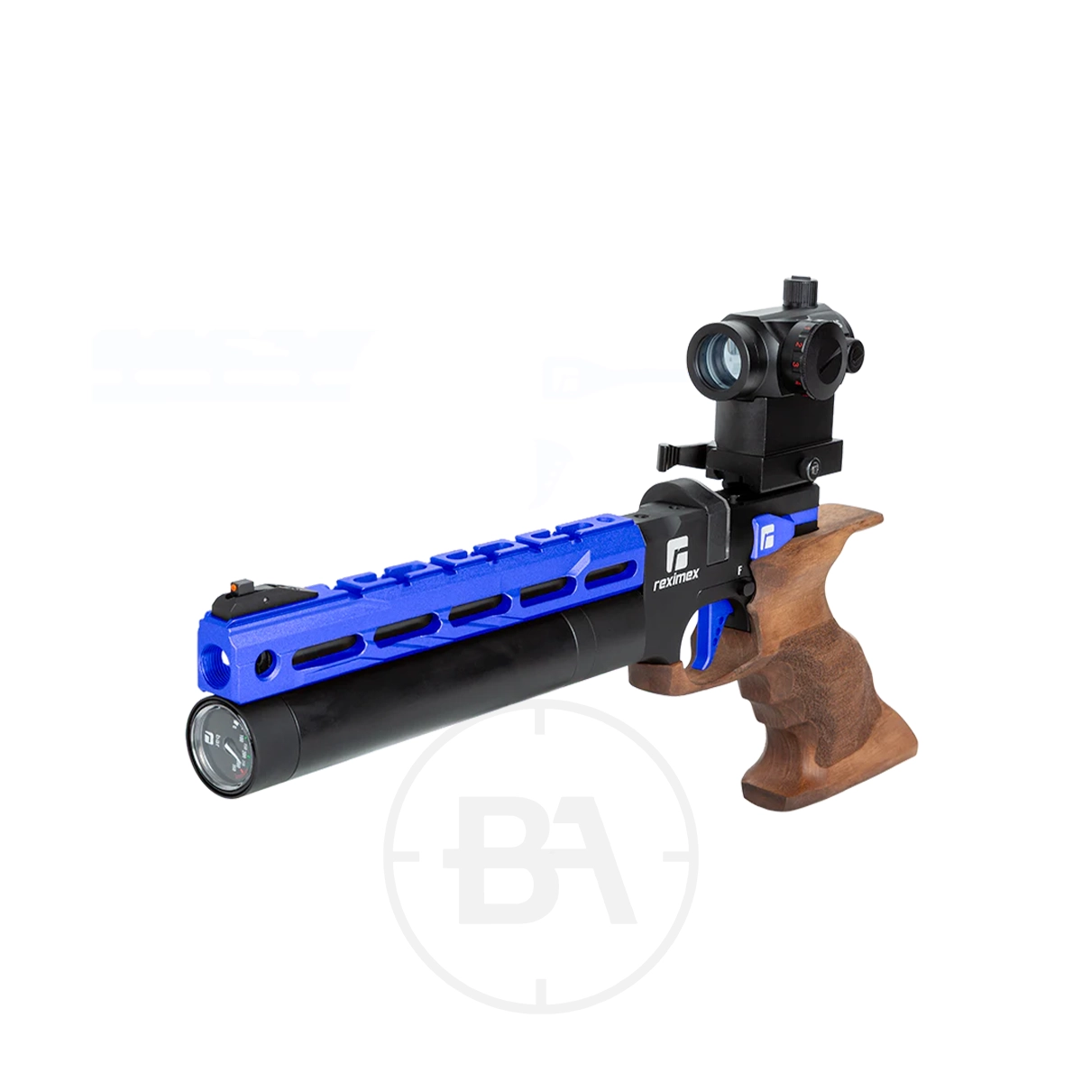 Reximex Mito Race Regulated PCP Pistol 6 A regulated PCP pistol, the Reximex Mito features a blue barrel, wooden ergonomic grip, mounted scope, and a cylindrical black air cylinder below the barrel, displayed on a white background.
