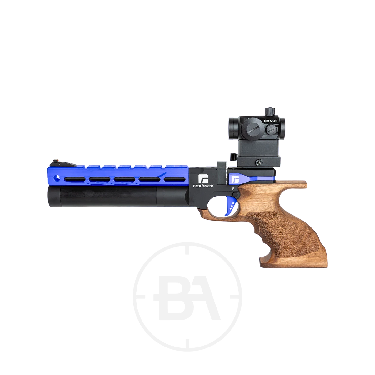 Reximex Mito Race Regulated PCP Pistol 4 The Reximex Mito Race is a modern regulated PCP pistol with a blue and black barrel, bronze accents, and a wooden ergonomic grip. Featuring an adjustable sight on top, its design is both sleek and sporty.
