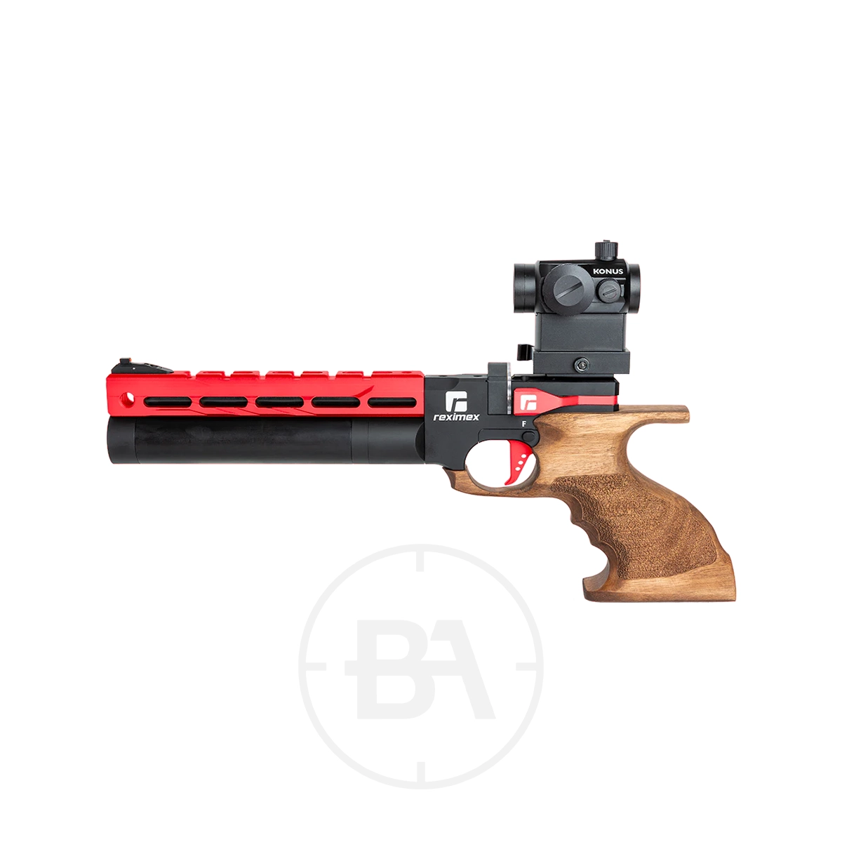 Reximex Mito Race Regulated PCP Pistol 13 A precision Reximex Mito Race air pistol with a red and black barrel, mounted sight, and an ergonomic Bronze Walnut grip is displayed on a white background.