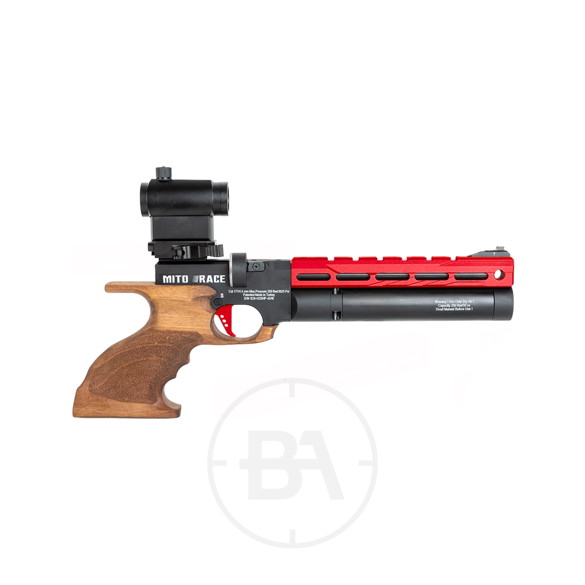 Reximex Mito Race Regulated PCP Pistol 14 A regulated PCP pistol, the Reximex Mito features a wooden grip, black body, red barrel shroud, and mounted sight, displayed on a white background.