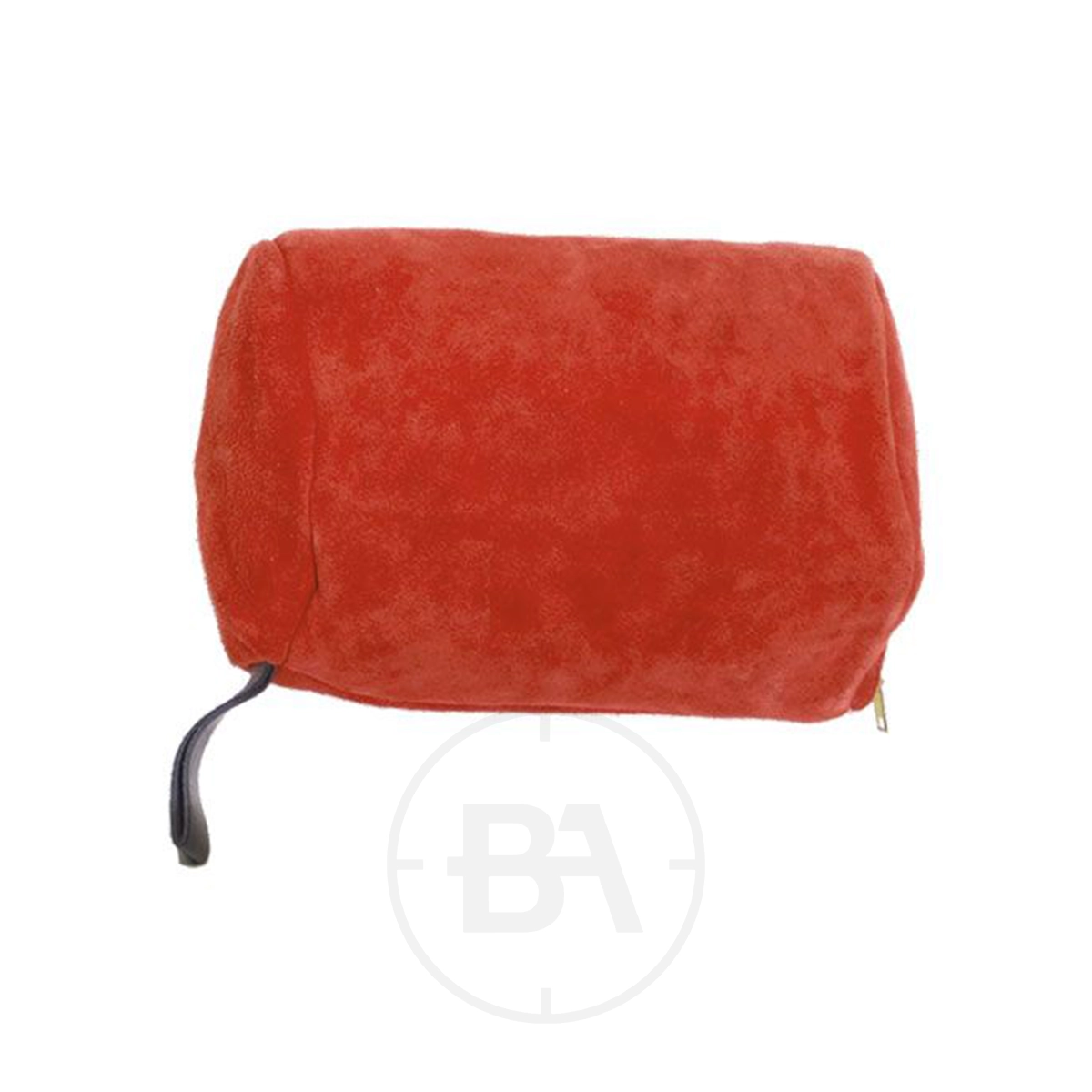Gehmann Leather Kneeling Roll 1 A rectangular red fabric pouch with a zipper and a black wrist strap attached to one end, displayed against a white background—ideal for storing your Gehmann kneeling roll or other small accessories.