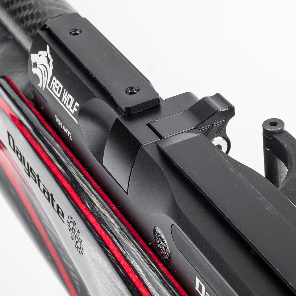Daystate Red Wolf / Wolverine R Flip-Out Single Shot Loader 3 Close-up of the Daystate Red Wolf / Wolverine R Flip-Out Single Shot Loader, featuring visible logo details, a bold black and red colour scheme, and highlights reminiscent of the Wolverine R series branding and sights.