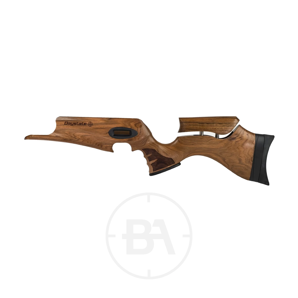 Daystate Red Wolf Walnut Sporter Stock 1 The Daystate Red Wolf Walnut Sporter Stock features an ergonomic grip, adjustable cheek rest, and rubber shoulder pad. "Daystate" is engraved on the side. Shown photographed against a plain white background.