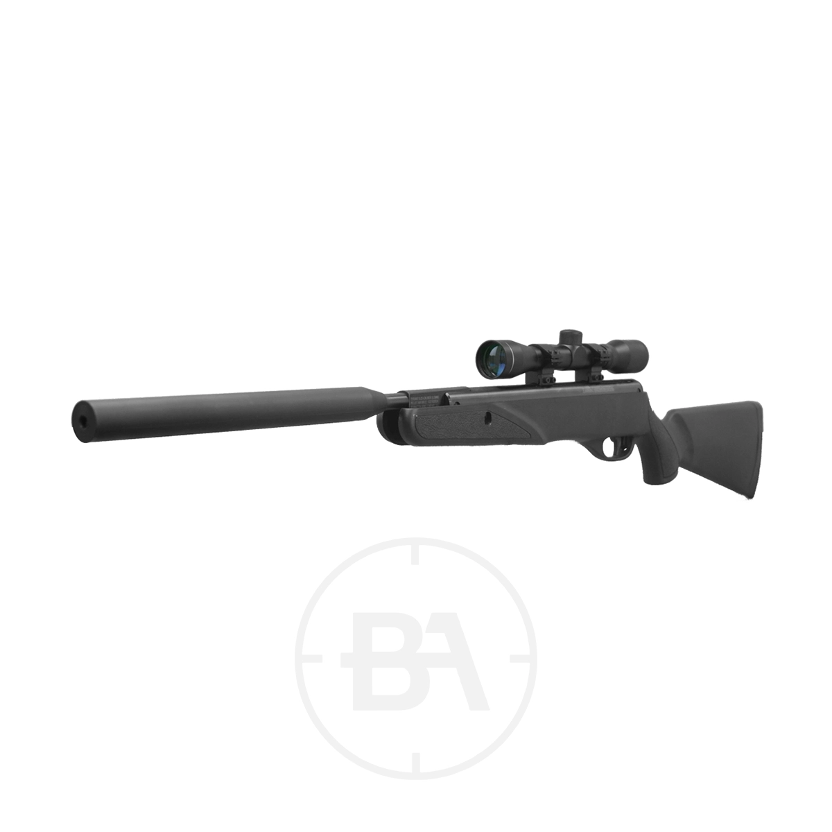 Remington Tyrant XGP Gas Ram Air Rifle With Scope 7 A black air rifle with a scope and a long barrel, displayed against a white background.