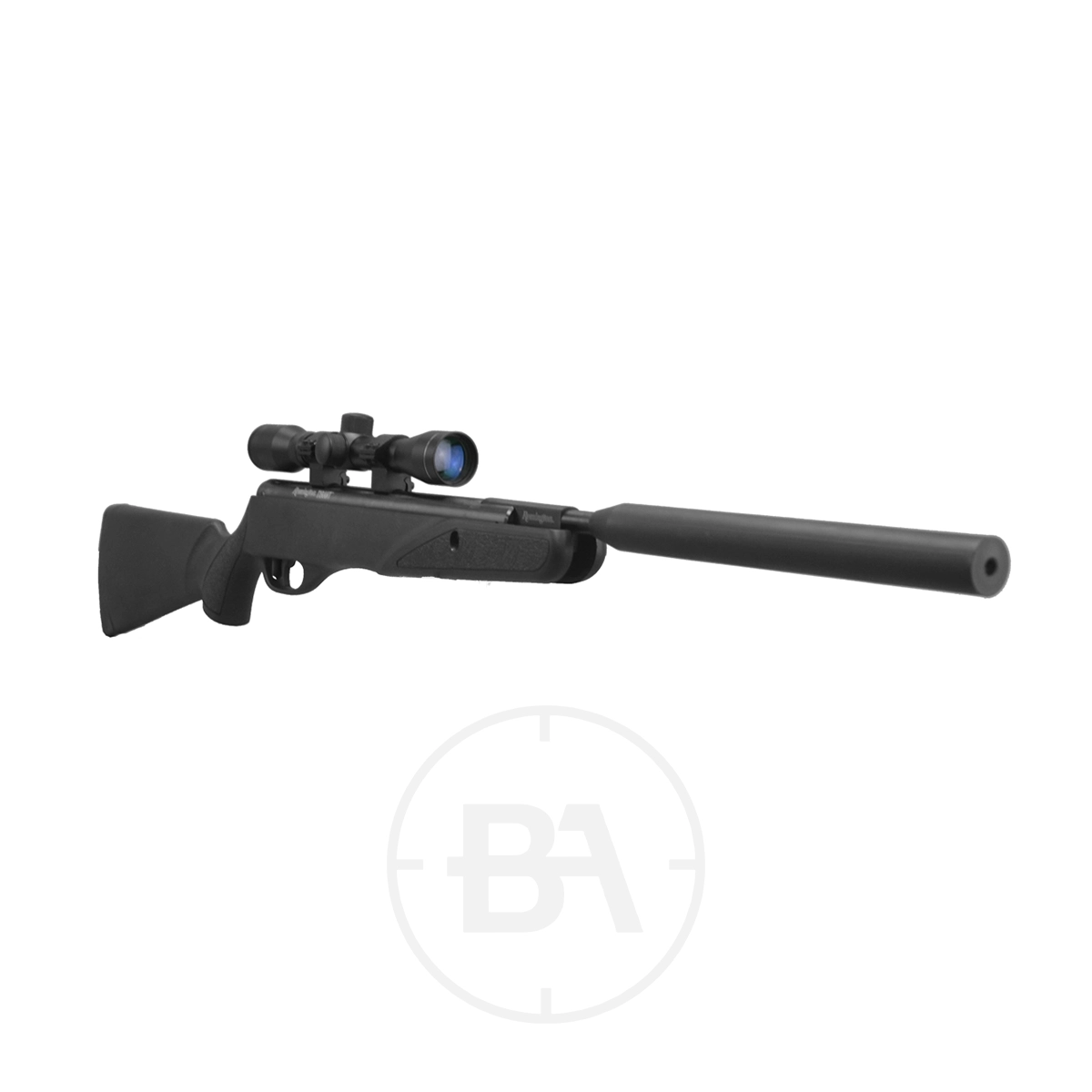 Remington Tyrant XGP Gas Ram Air Rifle With Scope 3 A black bolt-action rifle with a mounted scope and suppressor, displayed on a white background.