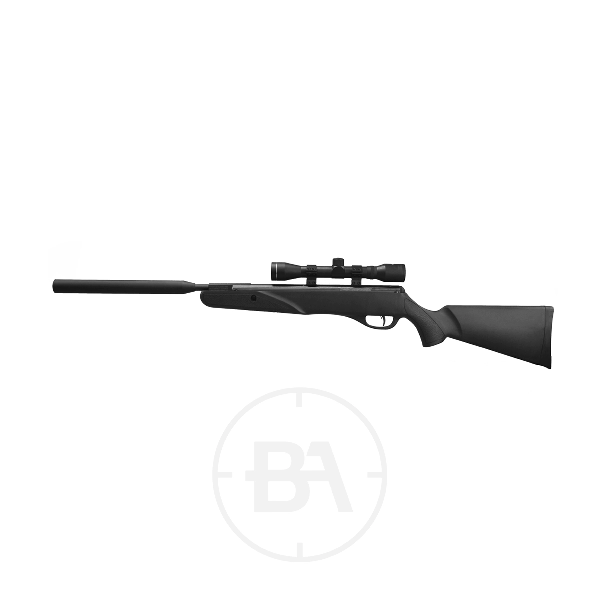 Remington Tyrant XGP Gas Ram Air Rifle With Scope 5 Black air rifle with a mounted scope and suppressor, displayed on a white background.
