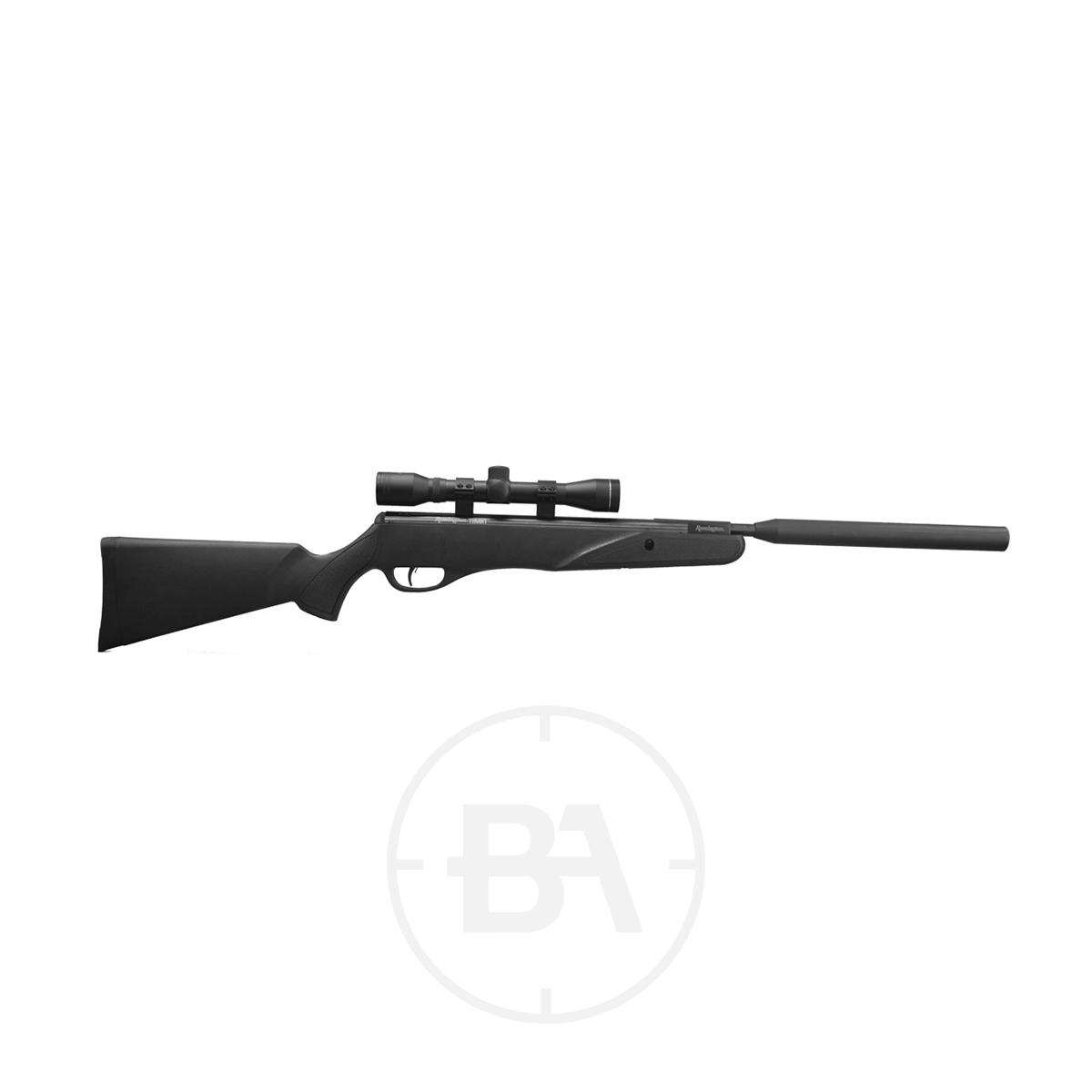 Remington Tyrant XGP Gas Ram Air Rifle With Scope 1 A black bolt-action rifle with a scope and a suppressor attachment, displayed on a white background.