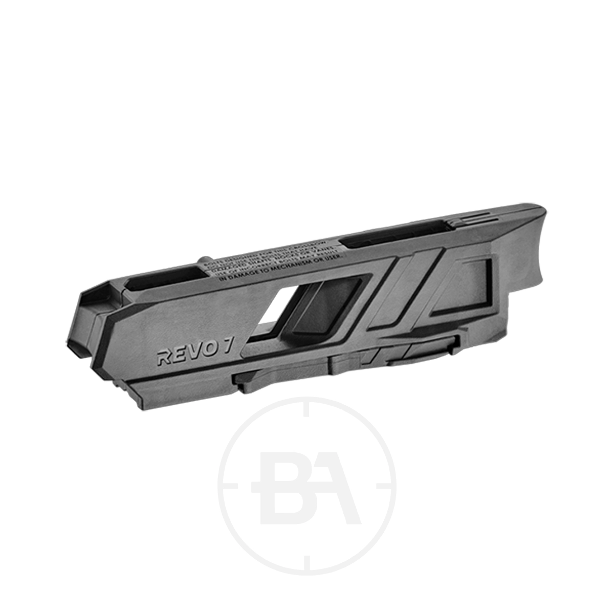 EK Archery Revo 7 Spare Magazine 1 A matte black Revo 7 handgun slide with angular cutouts, shown at an angle on a white background—ideal to pair with the EK Archery Revo 7 Spare Magazine for fast, efficient reloading.