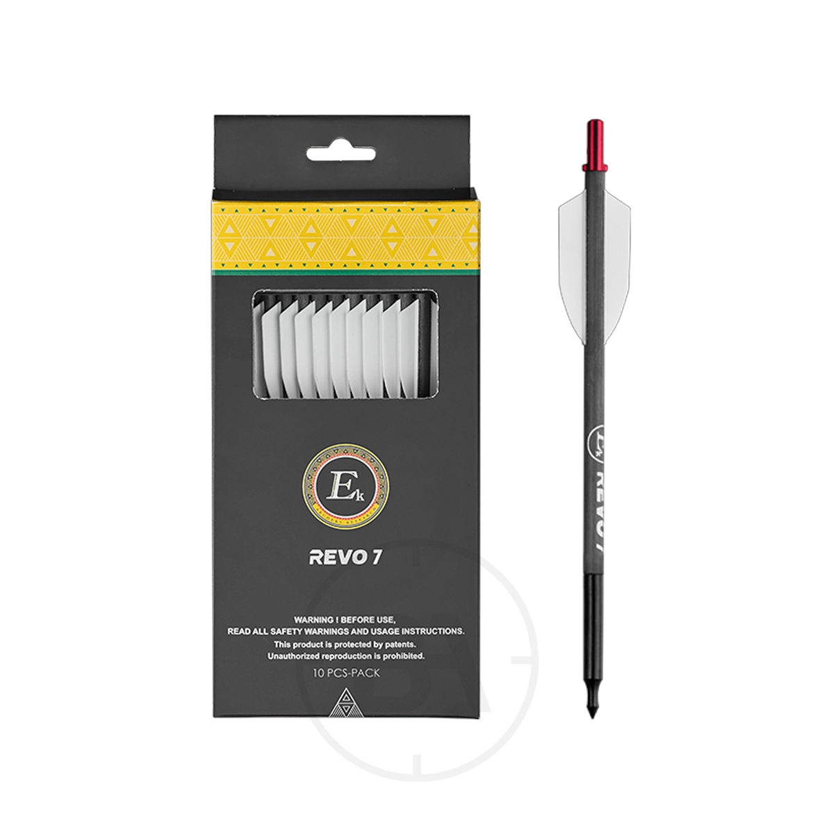 EK Archery Revo 7 Heavy Duty Carbon Bolts (x10) 1 A box of EK Archery Revo 7 Bolts – 10‑Pack is shown next to a single archery bolt featuring a black shaft, white fletching, and a red nock.