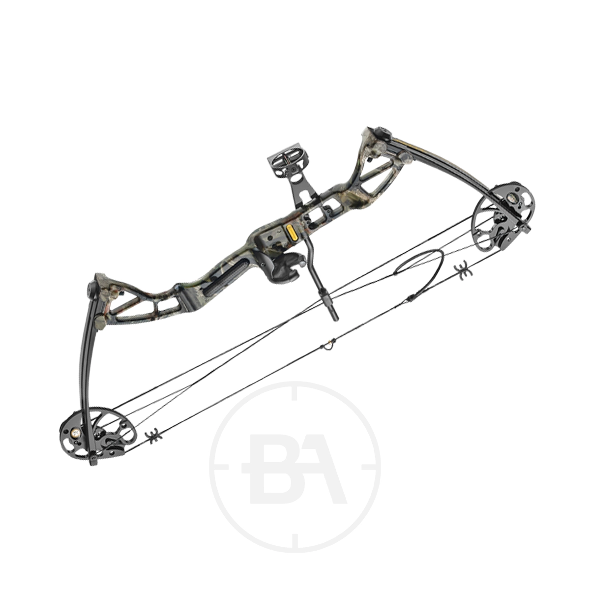 EK Archery Rex Compound Bow Bundle 5 The EK Archery Rex Compound Bow Bundle features a camo finish, dual cams, stabilizer, and mounted sight, all displayed on a white background.