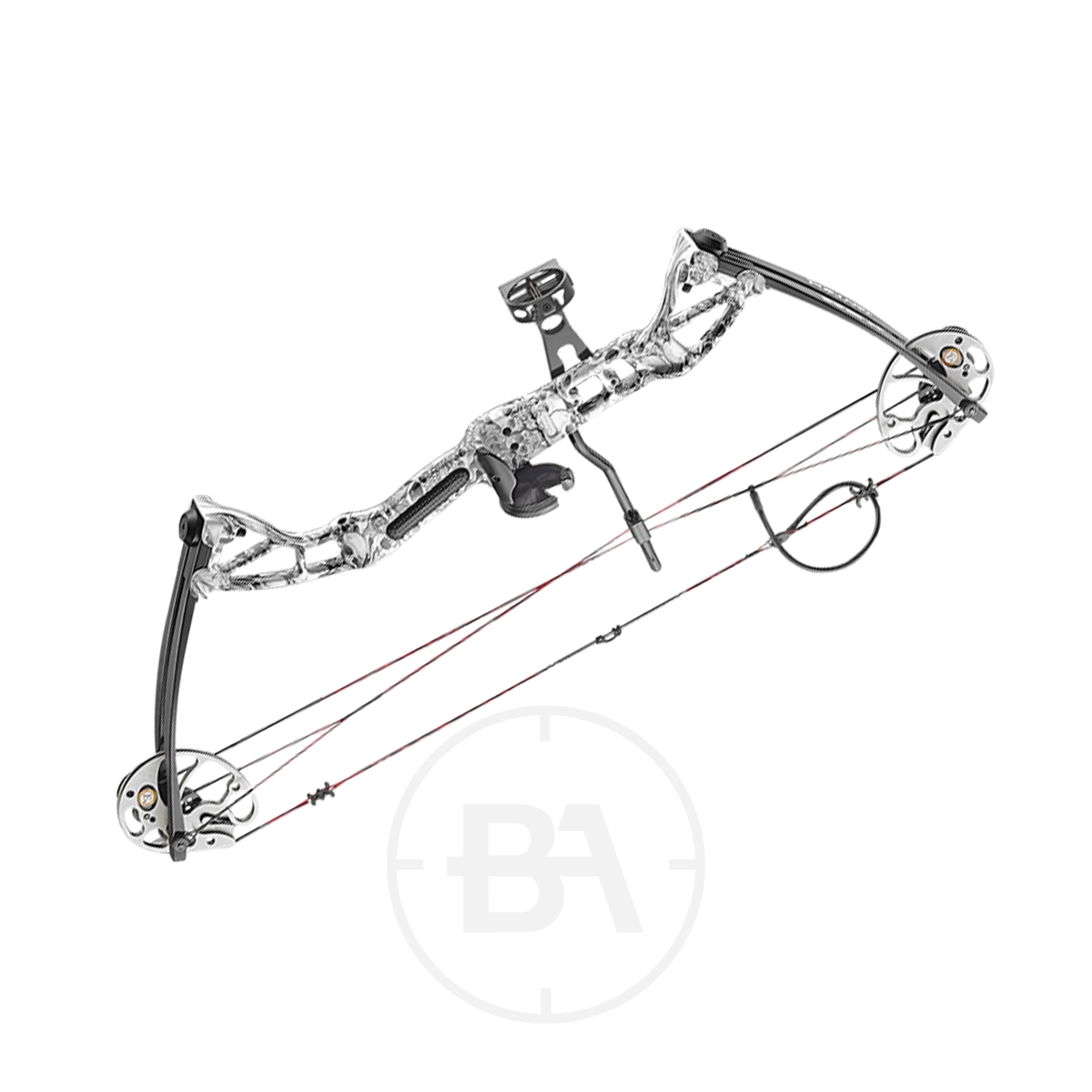 EK Archery Rex Compound Bow Bundle 3 A modern EK Archery compound bow with a metallic finish, featuring cams, pulleys, and a stabilizer, is displayed on a plain white background.