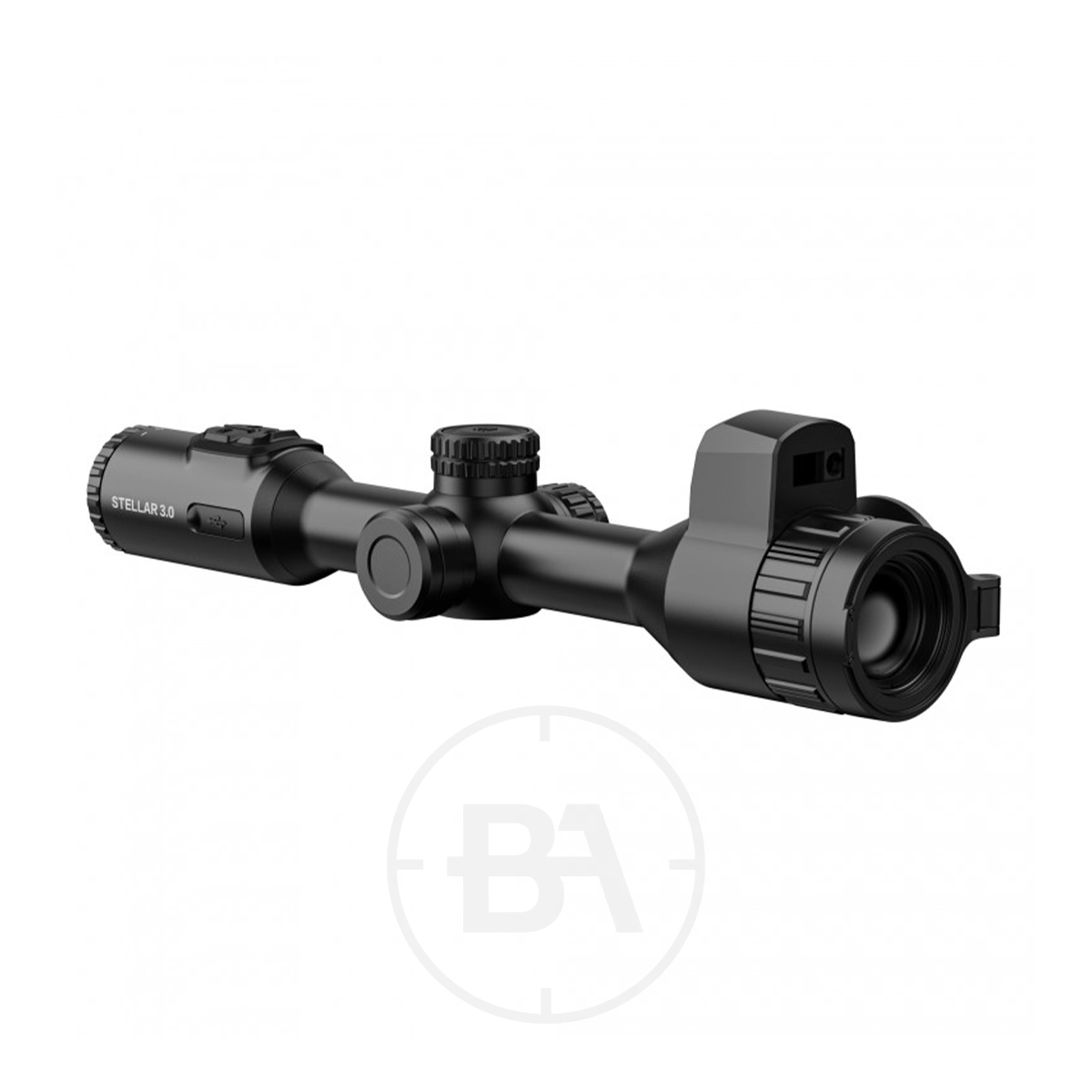 HIKMICRO Stellar 3.0 SQ35 Thermal Imaging LRF Rifle Scope 1 The HIKMICRO Stellar 3.0 SQ35 Thermal Imaging LRF Rifle Scope, featuring adjustment knobs and lens covers, is displayed at an angle on a white background.