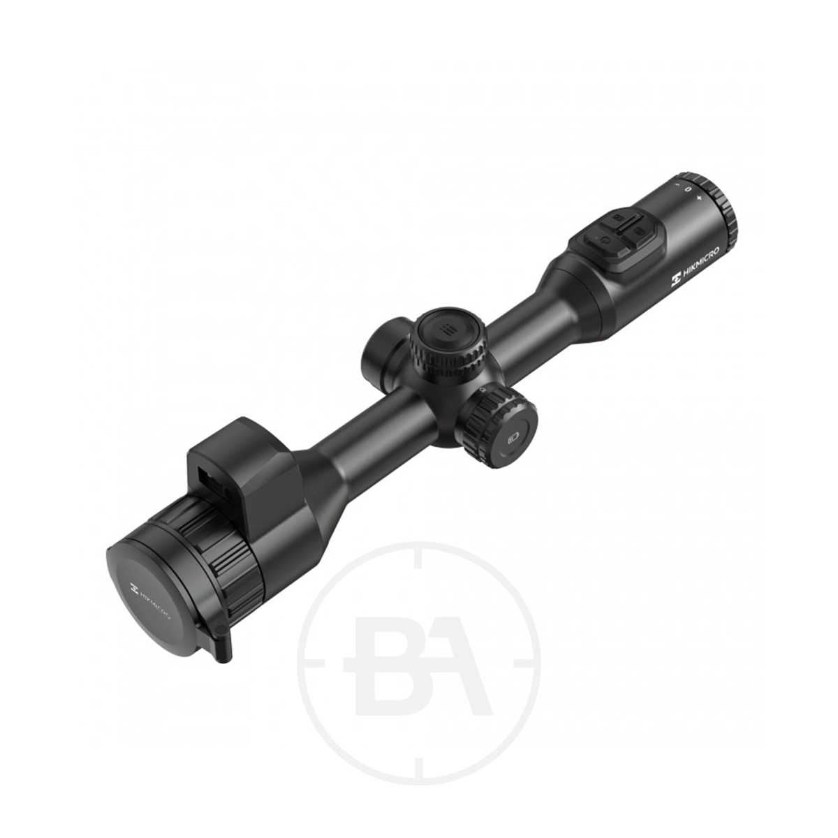 HIKMICRO Stellar 3.0 SQ35 Thermal Imaging LRF Rifle Scope 3 The HIKMICRO Stellar 3.0 SQ35 Thermal Imaging LRF Rifle Scope, in black with multiple adjustment knobs and attached lens covers, is displayed against a plain white background.