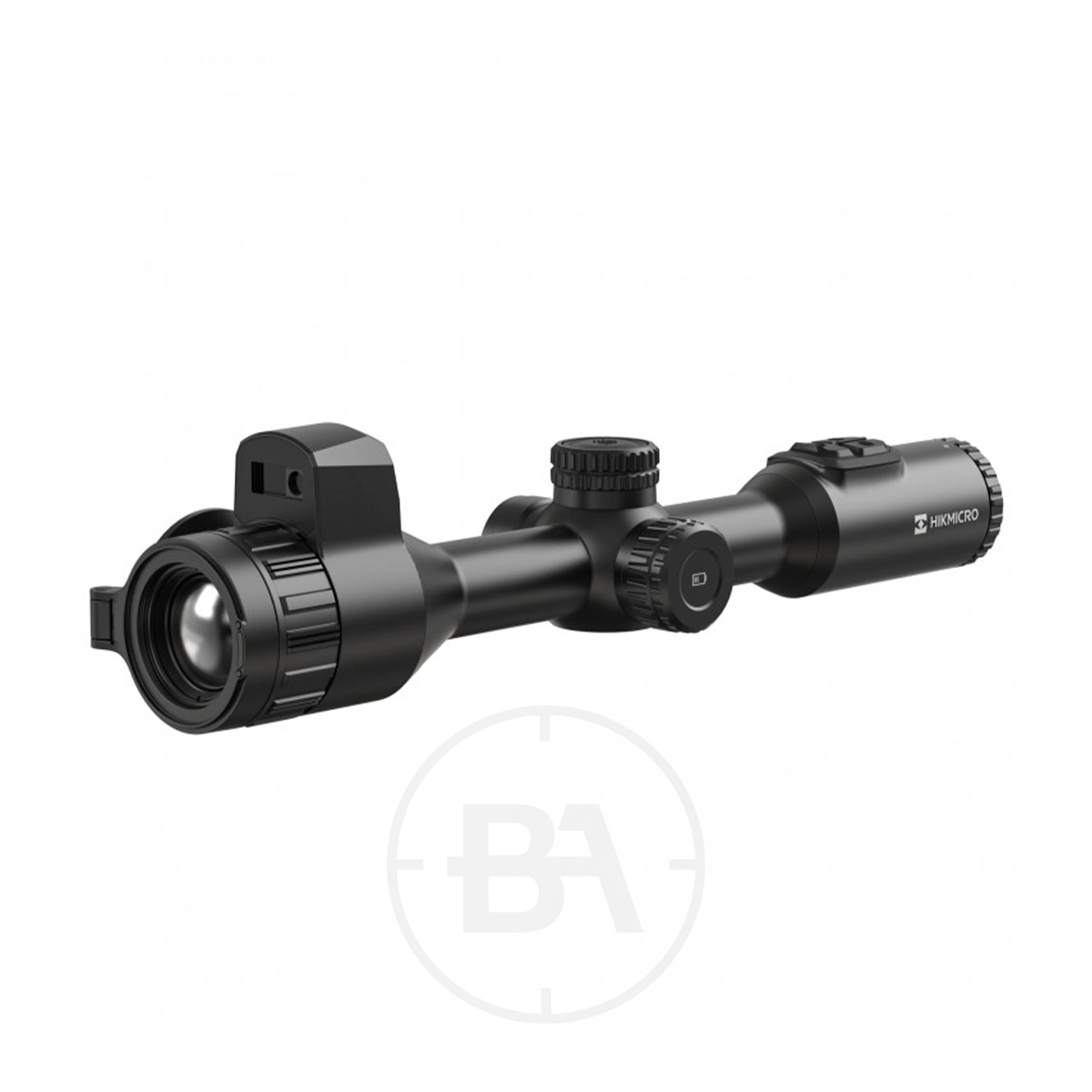 HIKMICRO Stellar 3.0 SQ35 Thermal Imaging LRF Rifle Scope 5 A black HIKMICRO Stellar 3.0 SQ35 Thermal Imaging LRF Rifle Scope with adjustment knobs and lens covers is displayed against a plain white background.