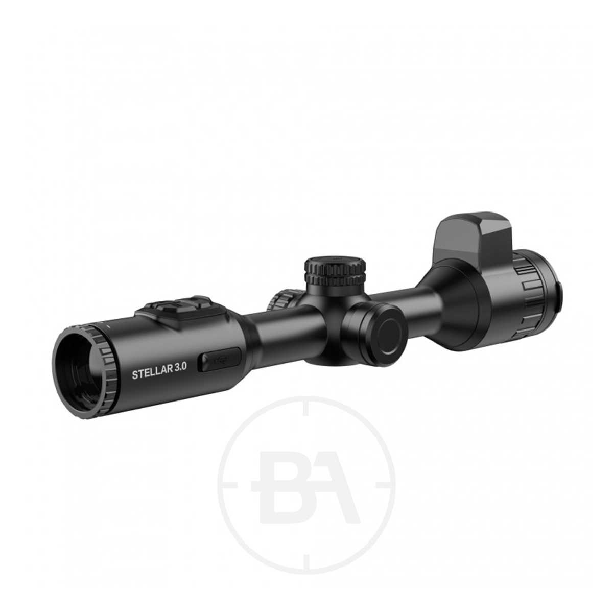 HIKMICRO Stellar 3.0 SQ35 Thermal Imaging LRF Rifle Scope 7 A black HIKMICRO Stellar 3.0 SQ35 Thermal Imaging LRF Rifle Scope with adjustment knobs and mounting hardware, displayed on a white background.