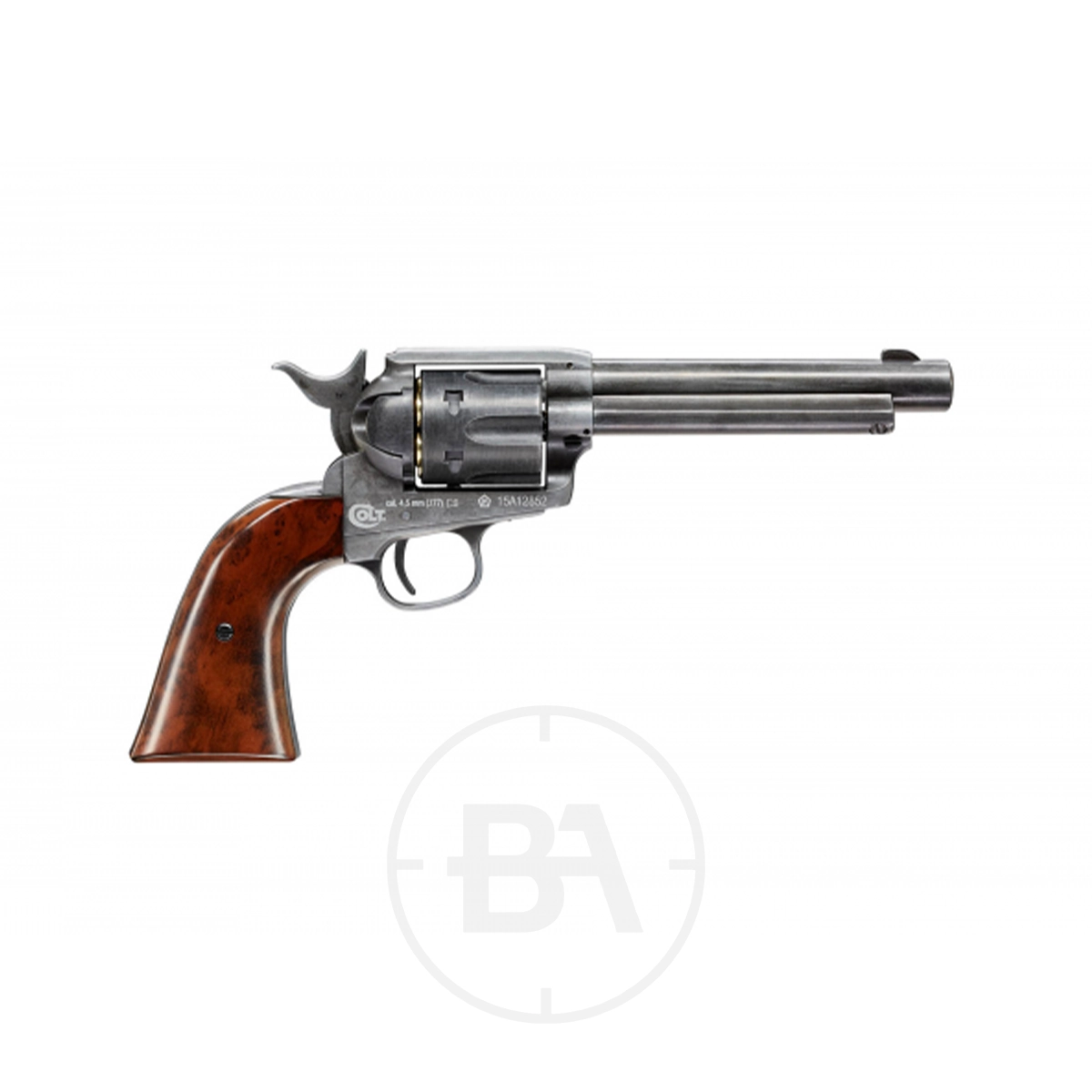 Colt SAA 5.5" CO2 BB Pistol 9 Side view of a Colt SAA CO2 Pistol .177 Pellet, featuring a silver metal barrel and cylinder, wooden grip, and single-action design, isolated on a white background.