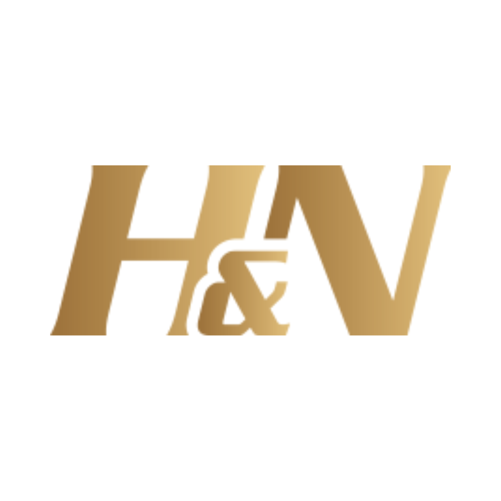 The image shows the letters "HV" in a bold, gradient font ranging from light to dark brown, on a white background.