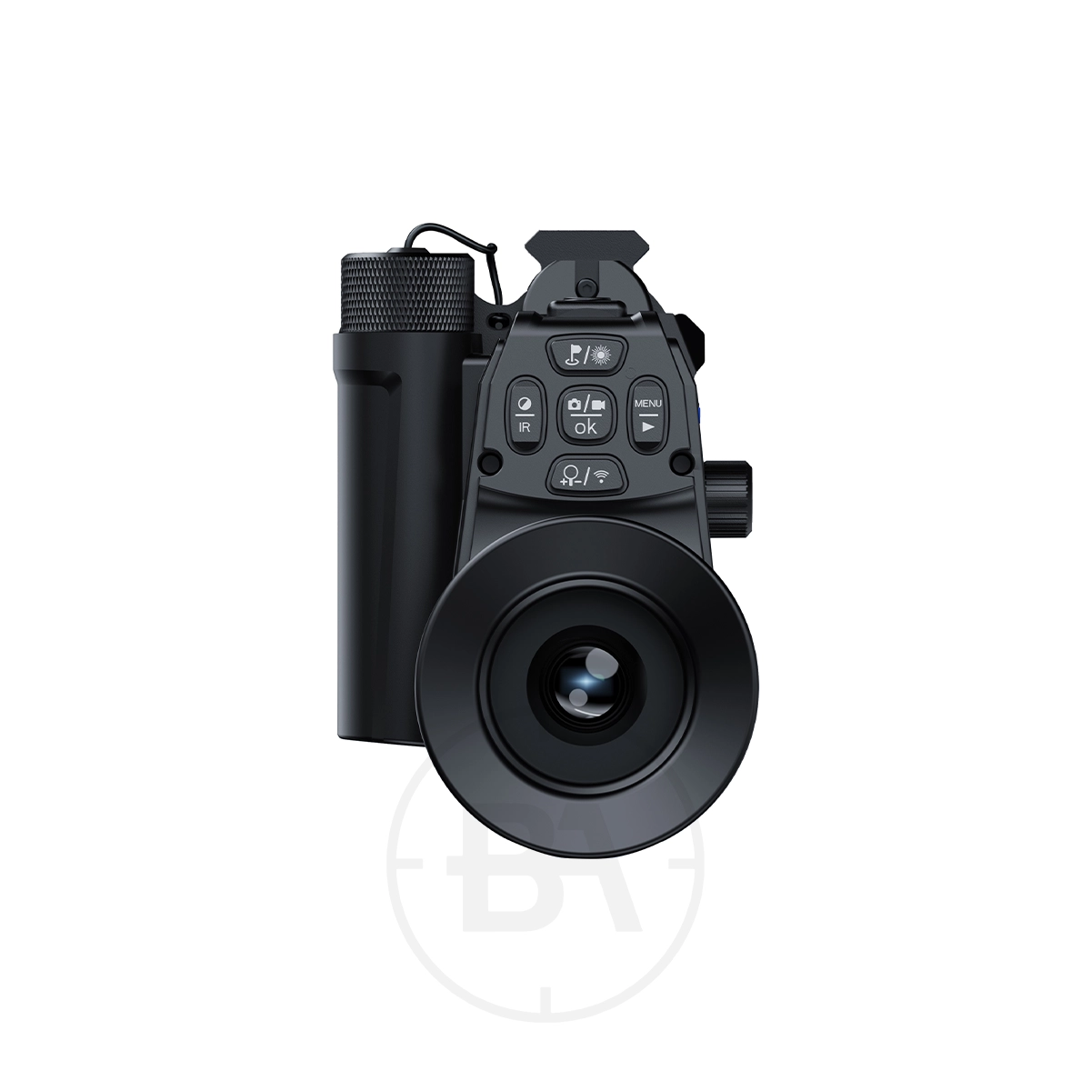 Pard NV007 SP2 4K Night Vision Series 3 The front view of the black PARD NV007SP shows a compact digital camera with top buttons, a central lens, and a cylindrical night vision scope attachment, ideal for versatile photography.
