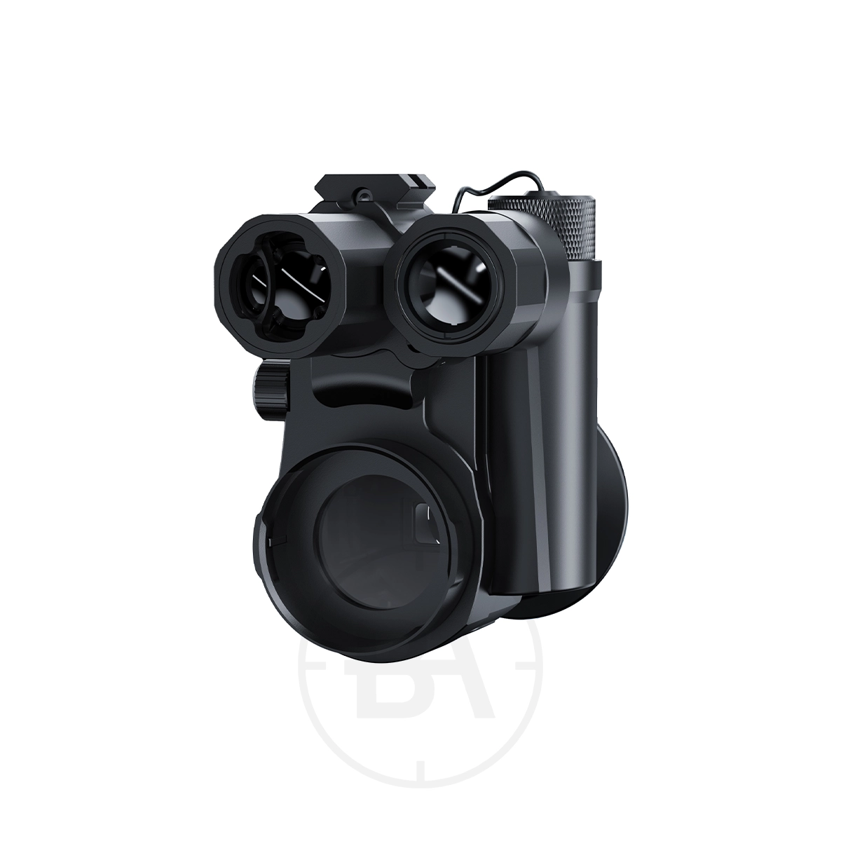 Pard NV007 SP2 4K Night Vision Series 7 The PARD NV007SP Night Vision Scope Attachment, a black tactical flashlight with multiple lenses and a sturdy mounting bracket, is displayed on a pristine white background.