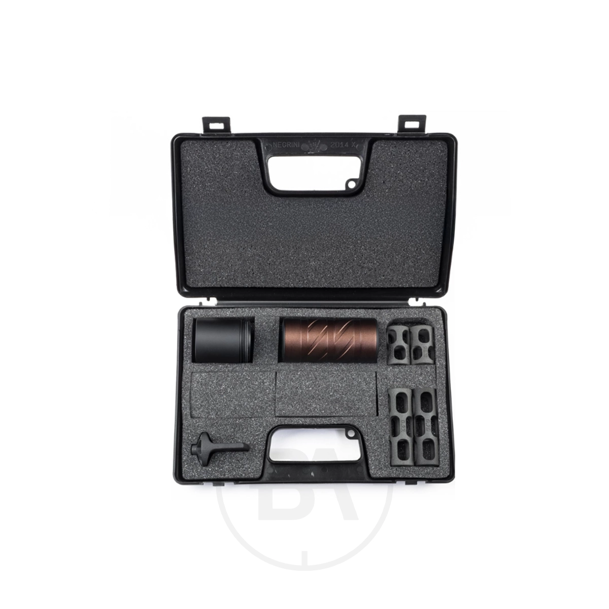 0dB Pro Stealth Silencer Pro (SSP) Kit 1 The 0dB Pro Stealth Silencer Pro (SSP) Kit includes a black hard case with foam insert containing a cylindrical tool, SSP components, a bronze-colored part, four small items, and a T-shaped handle.