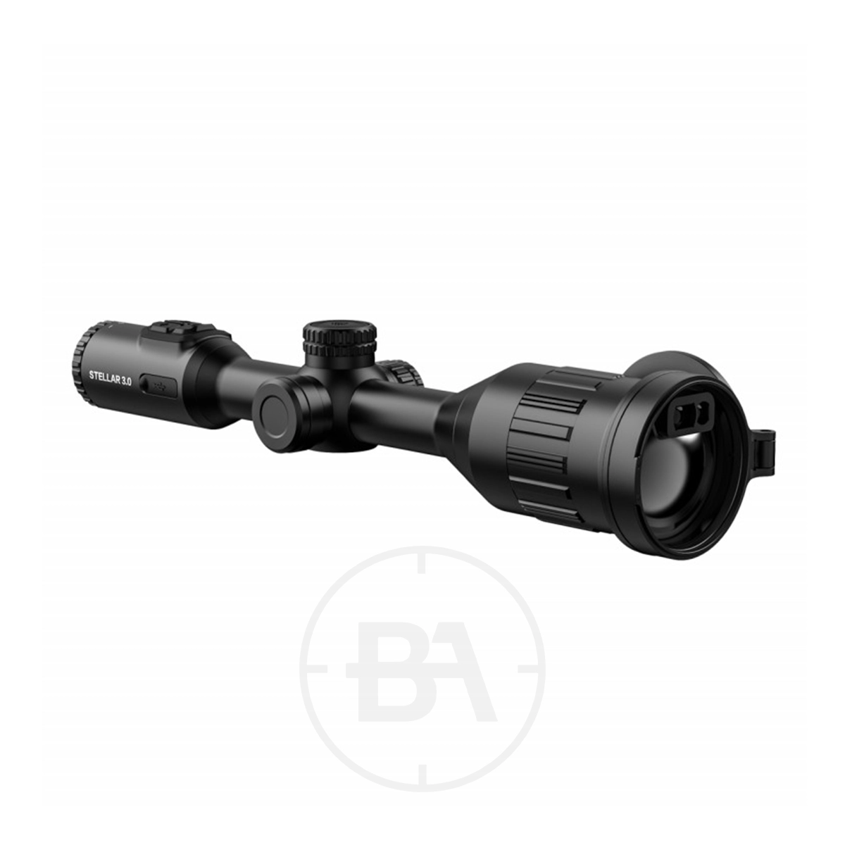 HIKMICRO Stellar 3.0 SX60L Thermal Imaging LRF Rifle Scope 3 The HIKMICRO Stellar 3.0 SX60L Thermal Imaging LRF Rifle Scope, shown in black with adjustment knobs and a lens cover against a white background, highlights its advanced thermal imaging capabilities.