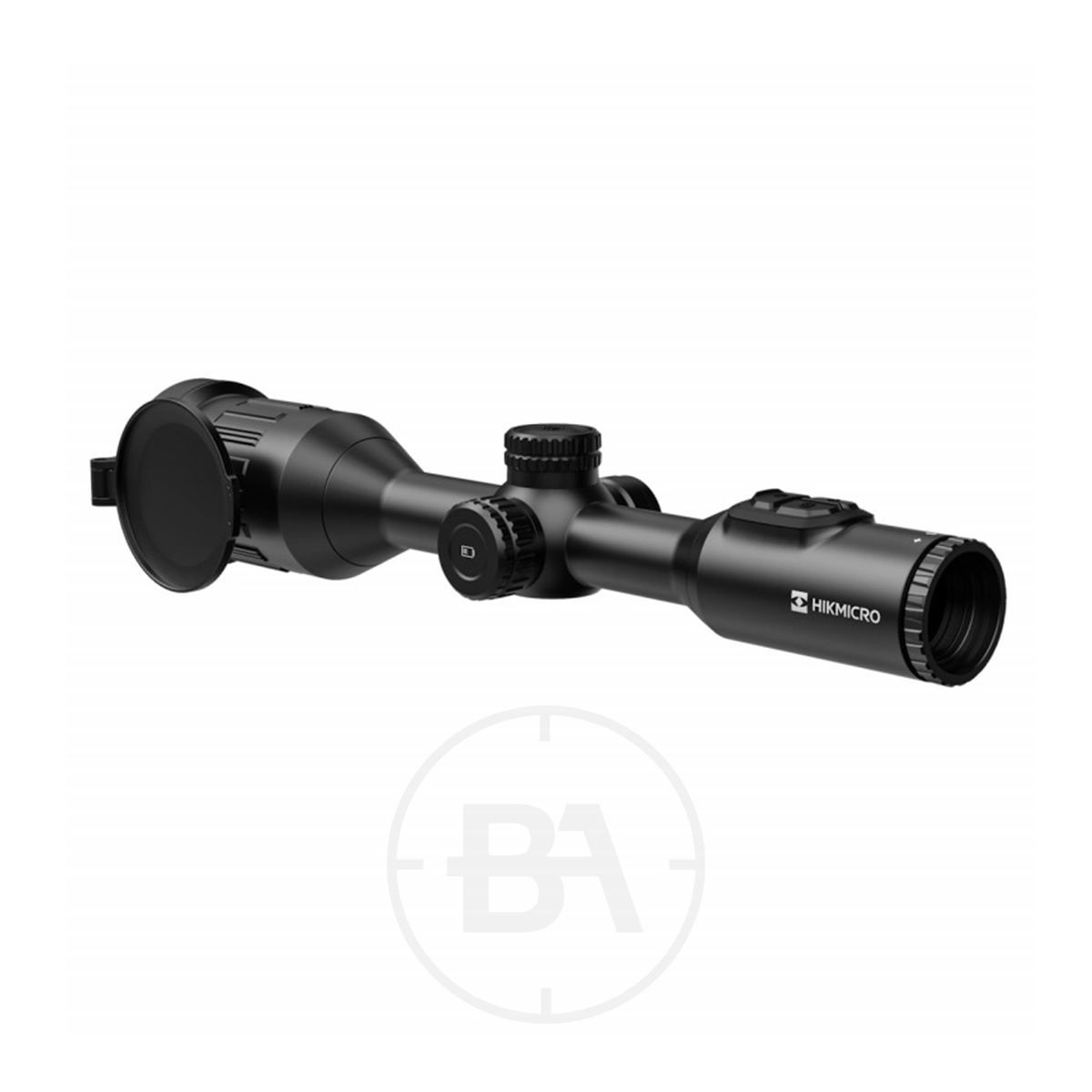 HIKMICRO Stellar 3.0 SX60L Thermal Imaging LRF Rifle Scope 7 The HIKMICRO Stellar 3.0 SX60L Thermal Imaging LRF Rifle Scope in black, featuring adjustment knobs and lens covers, is displayed on a white background with a subtle "BA" watermark.
