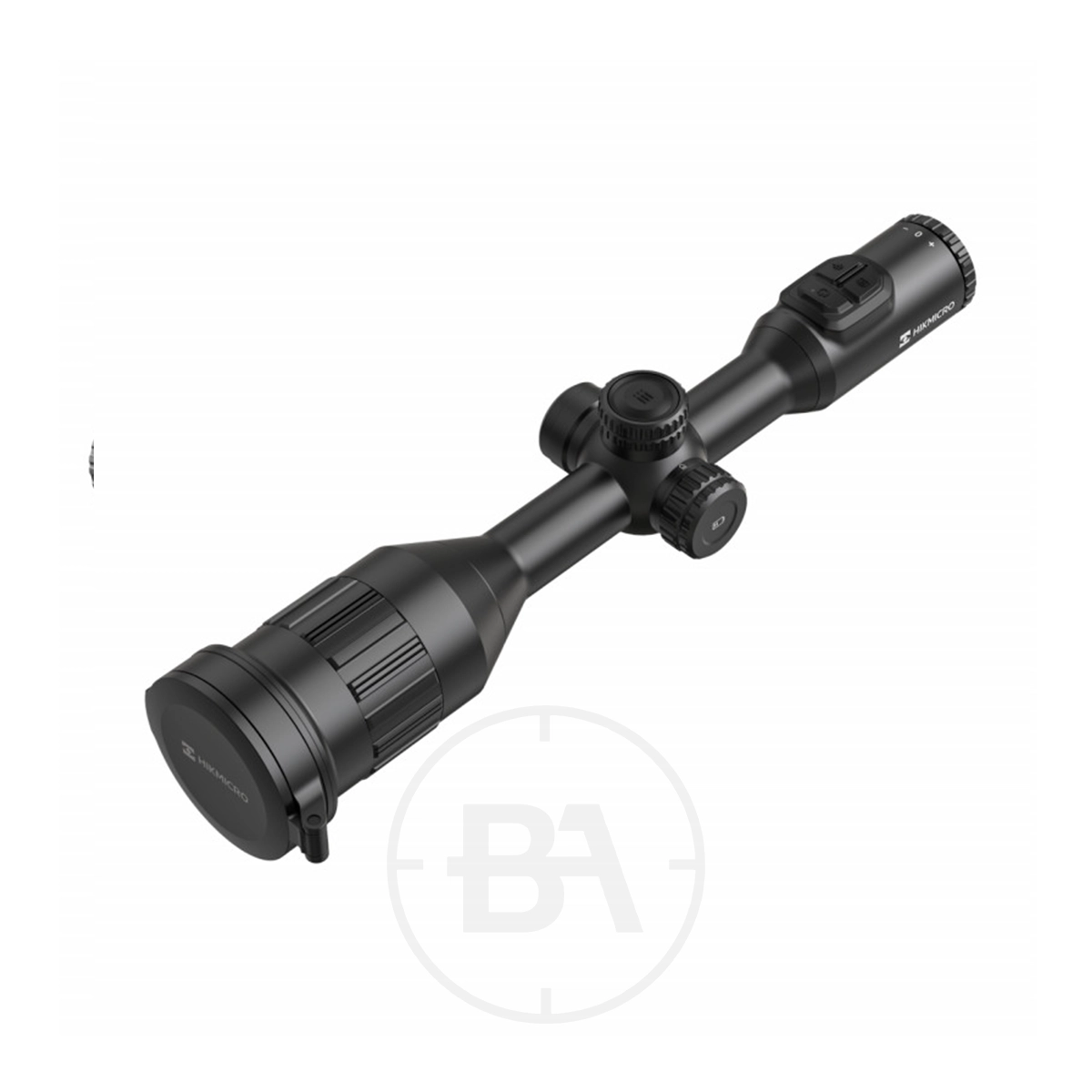 HIKMICRO Stellar 3.0 SX60L Thermal Imaging LRF Rifle Scope 9 The HIKMICRO Stellar 3.0 SX60L Thermal Imaging LRF Rifle Scope, featuring adjustment knobs and lens covers, is displayed at an angle on a plain white background.