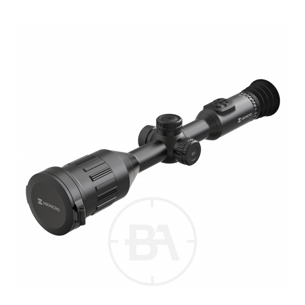 HIKMICRO Stellar 3.0 SX60L Thermal Imaging LRF Rifle Scope 13 The HIKMICRO Stellar 3.0 SX60L Thermal Imaging LRF Rifle Scope features adjustment knobs, lens covers, a branded logo, thermal imaging technology, and a sleek matte black finish for precision aiming.