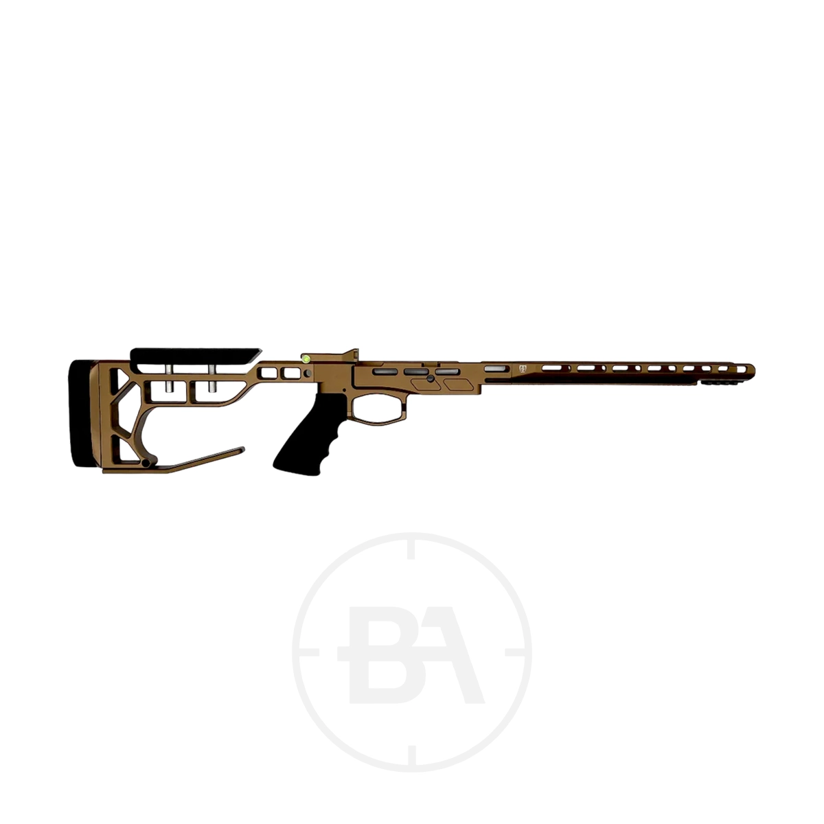 FX Airguns DRS Chasis By Saber Tactical 3 Illustration of the Sabre Tactical FX DRS Chassis in brown and black, featuring an adjustable stock, pistol grip, and extended forend, displayed on a white background with a faint circular BA logo underneath.