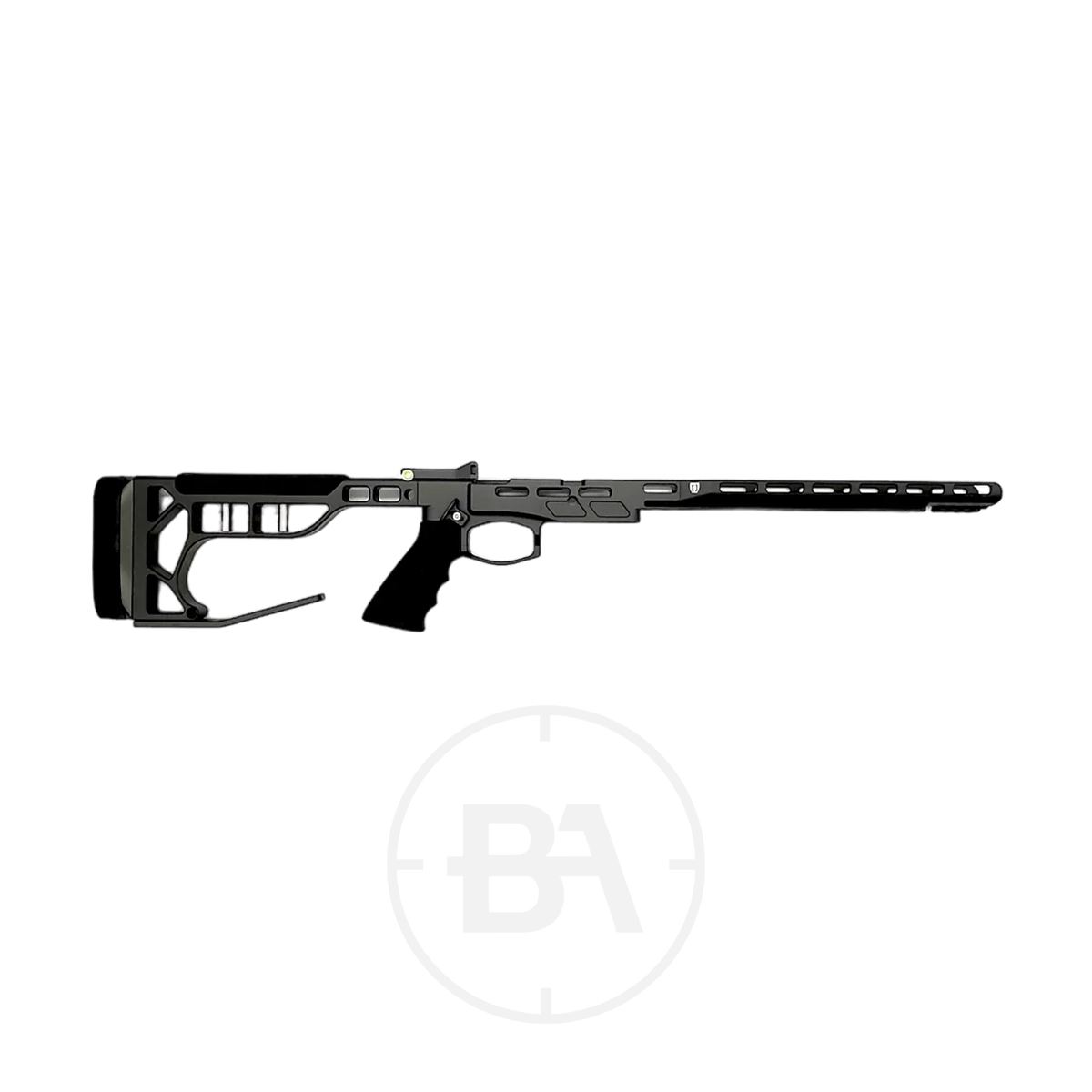 FX Airguns DRS Chasis By Saber Tactical 1 The Saber Tactical FX DRS Chassis is shown in black with an adjustable stock, pistol grip, and ventilated forend, set against a white background with a subtle circular logo.