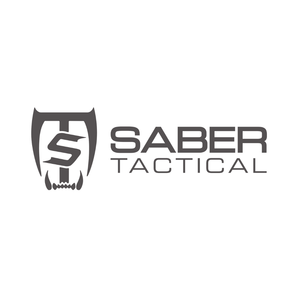Logo for Saber Tactical featuring a stylised letter "S" within a shield shaped like a sabre-toothed animal's mouth, with the text "SABER TACTICAL" to the right in bold and thin uppercase letters.