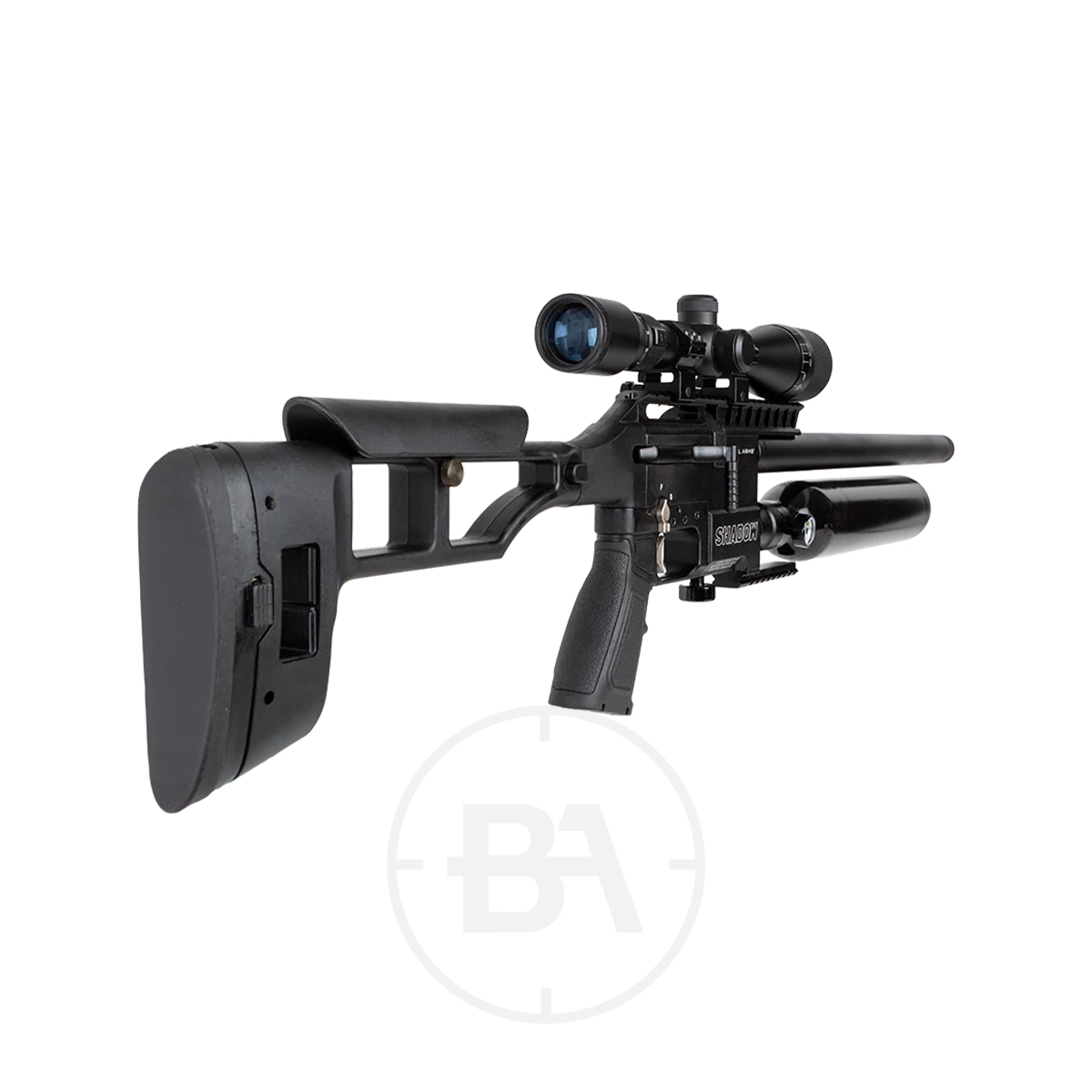 Kral Shadow Regulated PCP Air Rifle 5 The Kral Shadow PCP Air Rifle is a modern black air rifle with an adjustable stock, mounted scope, and a cylindrical air tank under the barrel, shown against a white background.