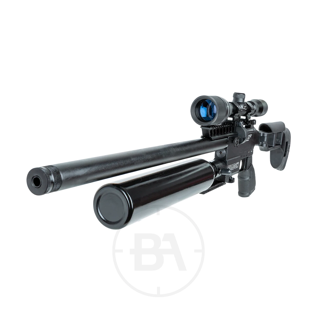 Kral Shadow Regulated PCP Air Rifle 3 The Kral Shadow PCP Air Rifle, featuring a mounted optical sight, is shown from the front left angle displaying its barrel, sight, and adjustable stock on a white background.