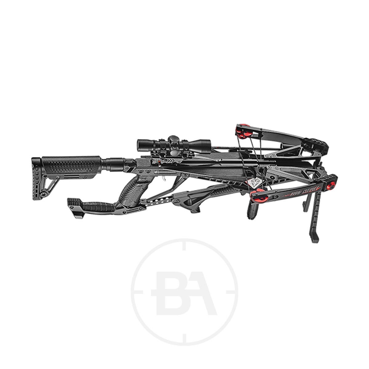 EK Archery Seige Compound Crossbow Package With Scope 3 The EK Archery Seige Compound Crossbow Package With Red Dot, featuring a black modern design, adjustable stock, bipod, and red dot scope, is displayed in side profile against a white background.