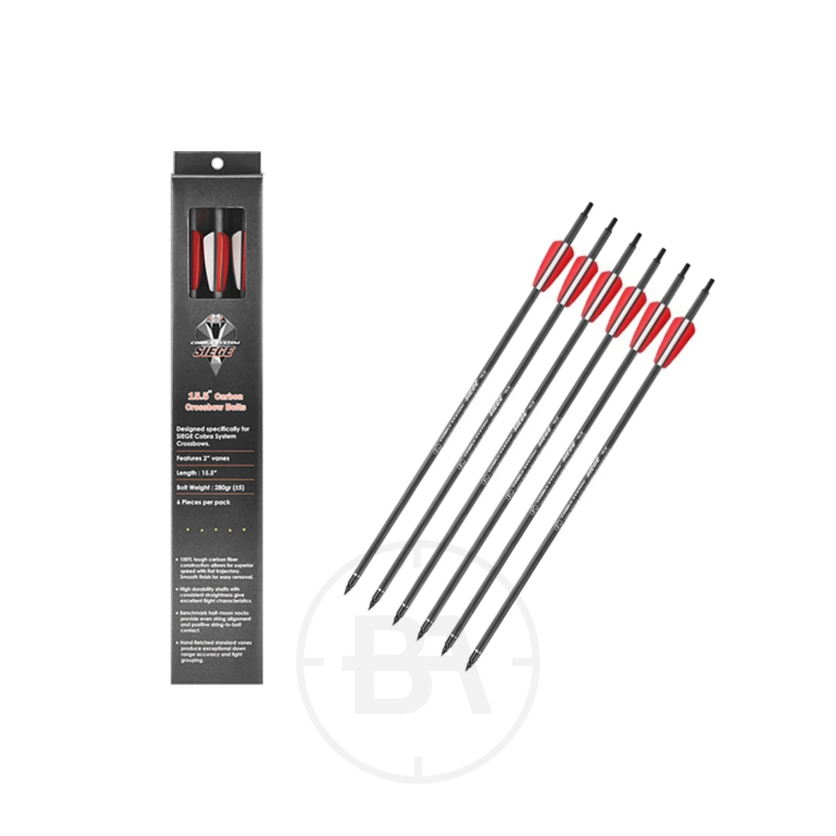 EK Archery Siege Carbon Bolts (x6) 1 A pack of EK Archery Seige Carbon Bolts (6 x 5.5-inch) is displayed beside five individual bolts with red and white fletching and metal tips, arranged in a fan shape.