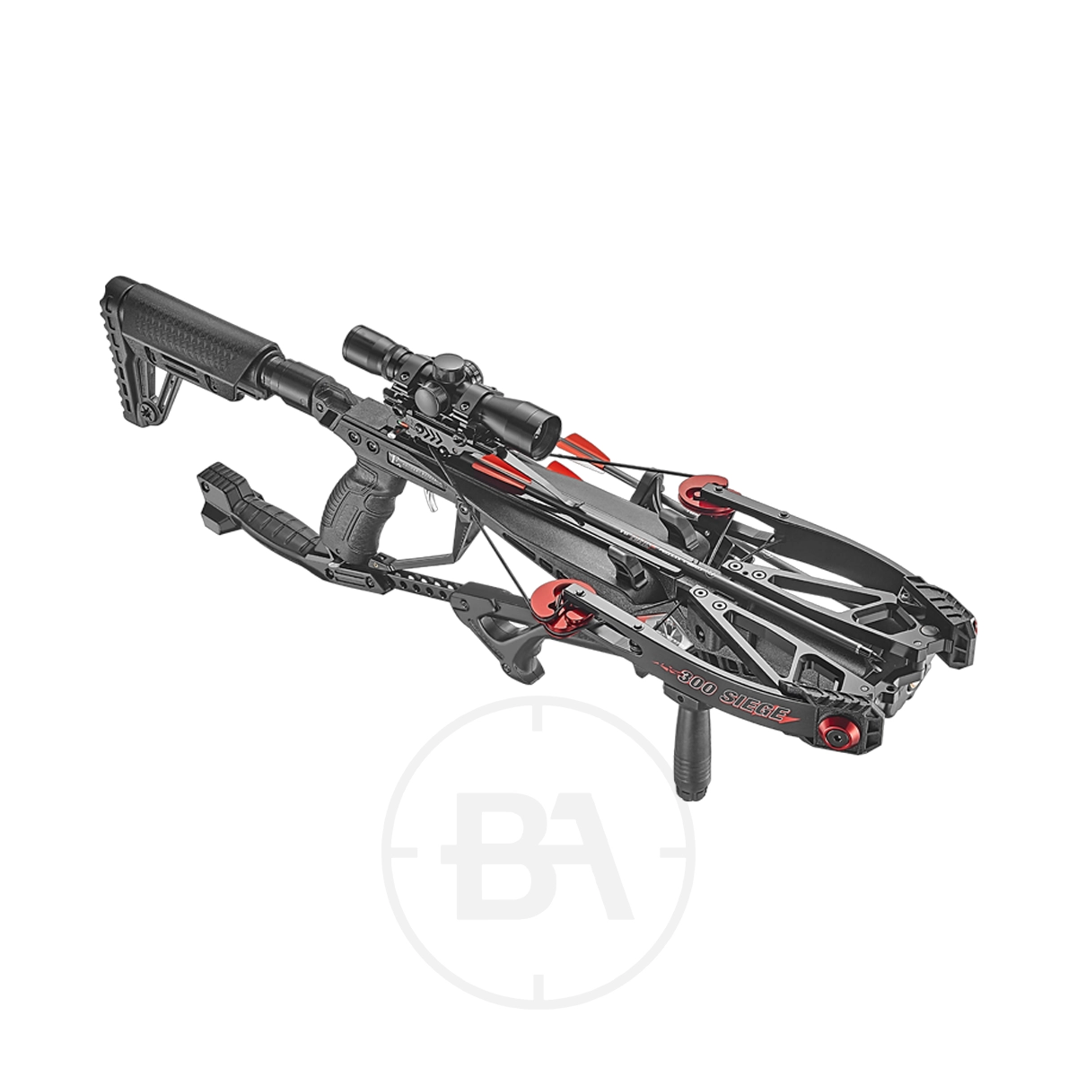 EK Archery Seige Compound Crossbow Package With Scope 5 The EK Archery Seige Compound Crossbow Package With Red Dot boasts a sleek black and red design with a mounted Red Dot scope, adjustable stock, and foot stirrup, shown against a white background.