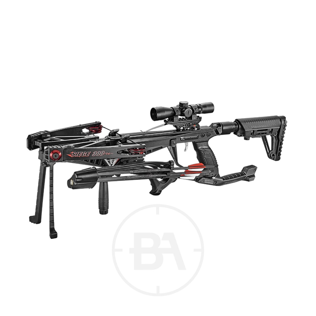 EK Archery Seige Compound Crossbow Package With Scope 7 The EK Archery Seige Compound Crossbow Package With Red Dot is shown in a side profile on a white background, featuring a red dot scope, bipod stand, and adjustable stock.