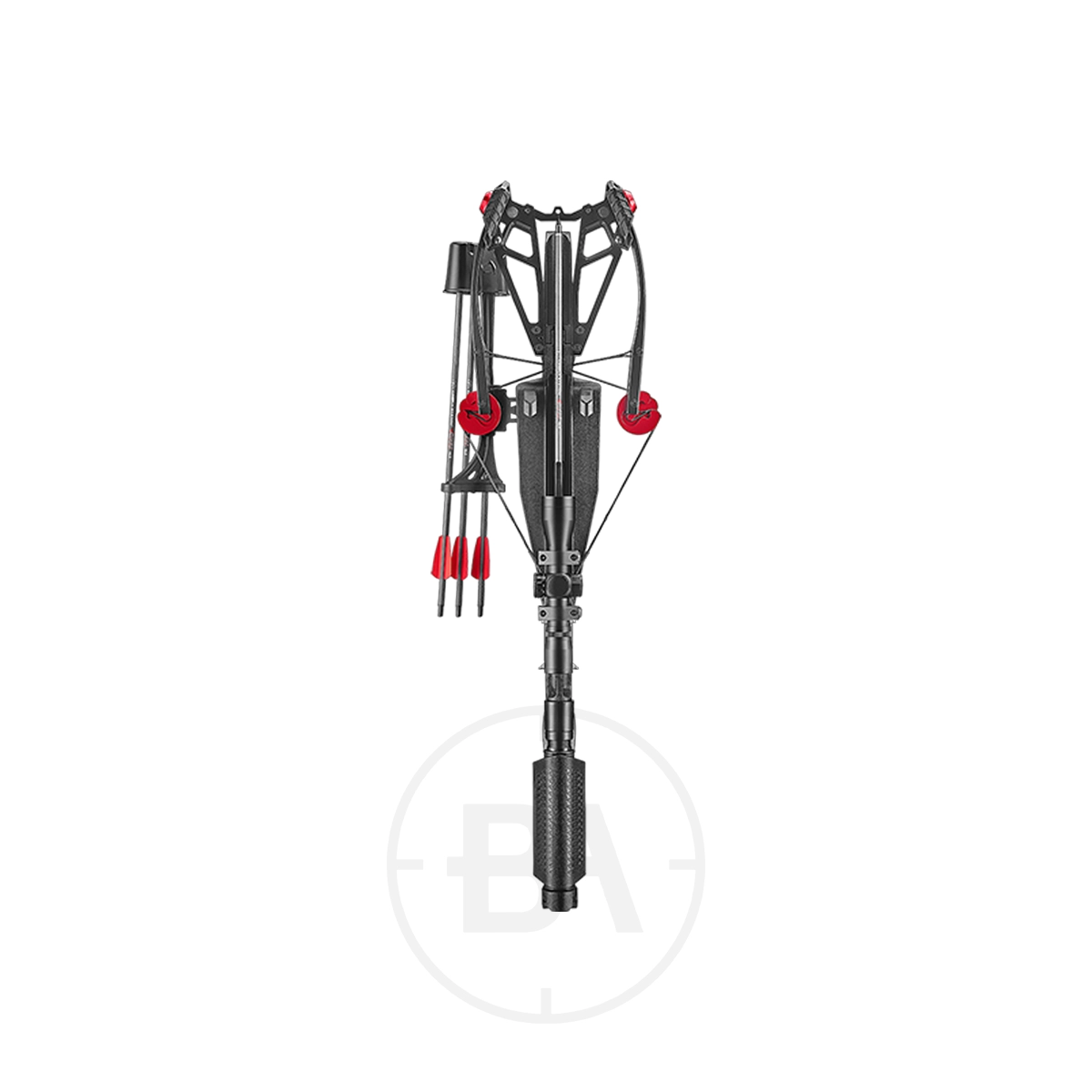 EK Archery Seige Compound Crossbow Package With Scope 9 The EK Archery Seige Compound Crossbow Package With Red Dot features red accents and a mounted quiver with three arrows, shown from above on a white background.