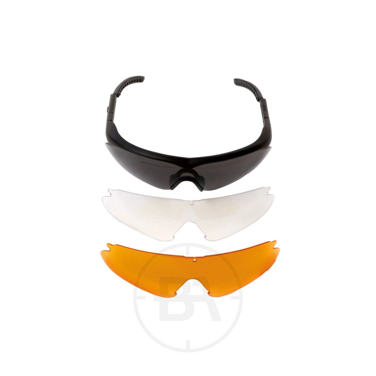 Swisseye Trap & Skeet Glasses 1 Swisseye Trap & Skeet Glasses sports sunglasses come with two interchangeable lenses, clear and orange, shown on a white background—perfect for trap and skeet shooting.