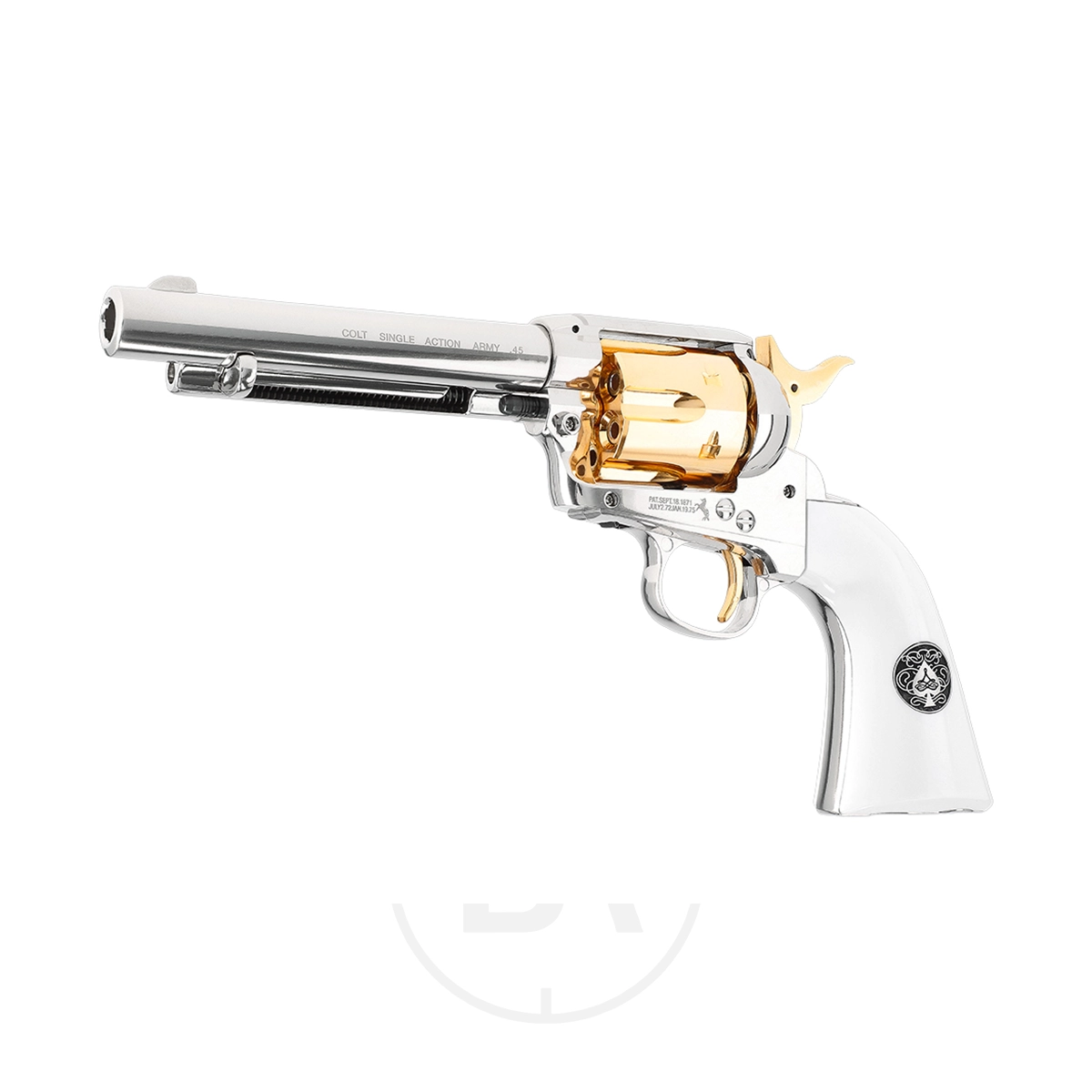 Colt SAA 'Smoke Wagon' CO2 Pistol 9 The Colt SAA CO2 Smoke Wagon Pistol .177 Pellet features a silver finish, white handle, and gold accents, designed for .177 pellet shooting, displayed on a plain white background.