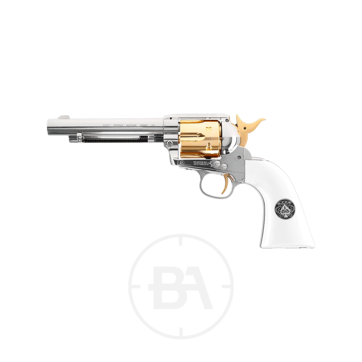 Colt SAA 'Smoke Wagon' CO2 Pistol 1 The Colt SAA CO2 Smoke Wagon Pistol .177 Pellet features a silver finish, gold cylinder and hammer, and a white grip—an elegant choice for enthusiasts and collectors, shown here on a white background.