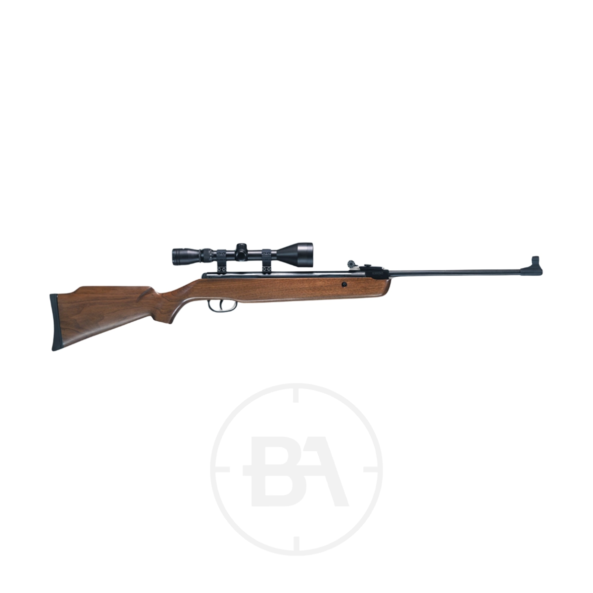 Milbro Supergrade XS19 Spring Air Rifle 1 A Milbro Supergrade XS19 Spring Air Rifle with a black scope fitted, shown in profile on a white background.