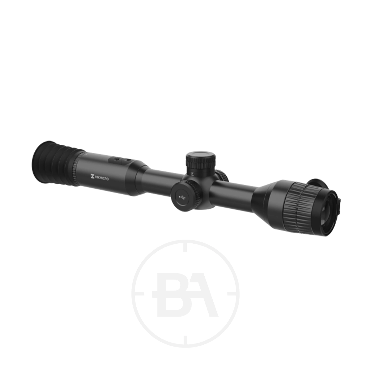 HIKMICRO Stellar SH35 Thermal Imaging Rifle Scope 1 The HIKMICRO Stellar SH35 Thermal Imaging Rifle Scope, shown on a white background with adjustment knobs and a rubber eyepiece, offers advanced thermal imaging features.