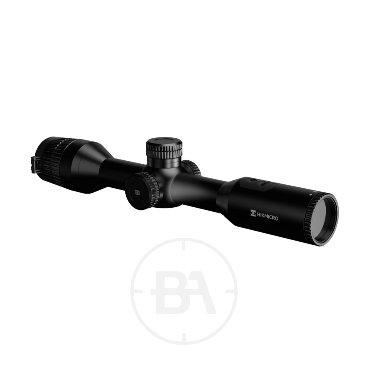 HIKMICRO Stellar SH35 Thermal Imaging Rifle Scope 3 The HIKMICRO Stellar SH35 Thermal Imaging Rifle Scope in black, with adjustment dials and lens covers, is displayed on a plain white background.